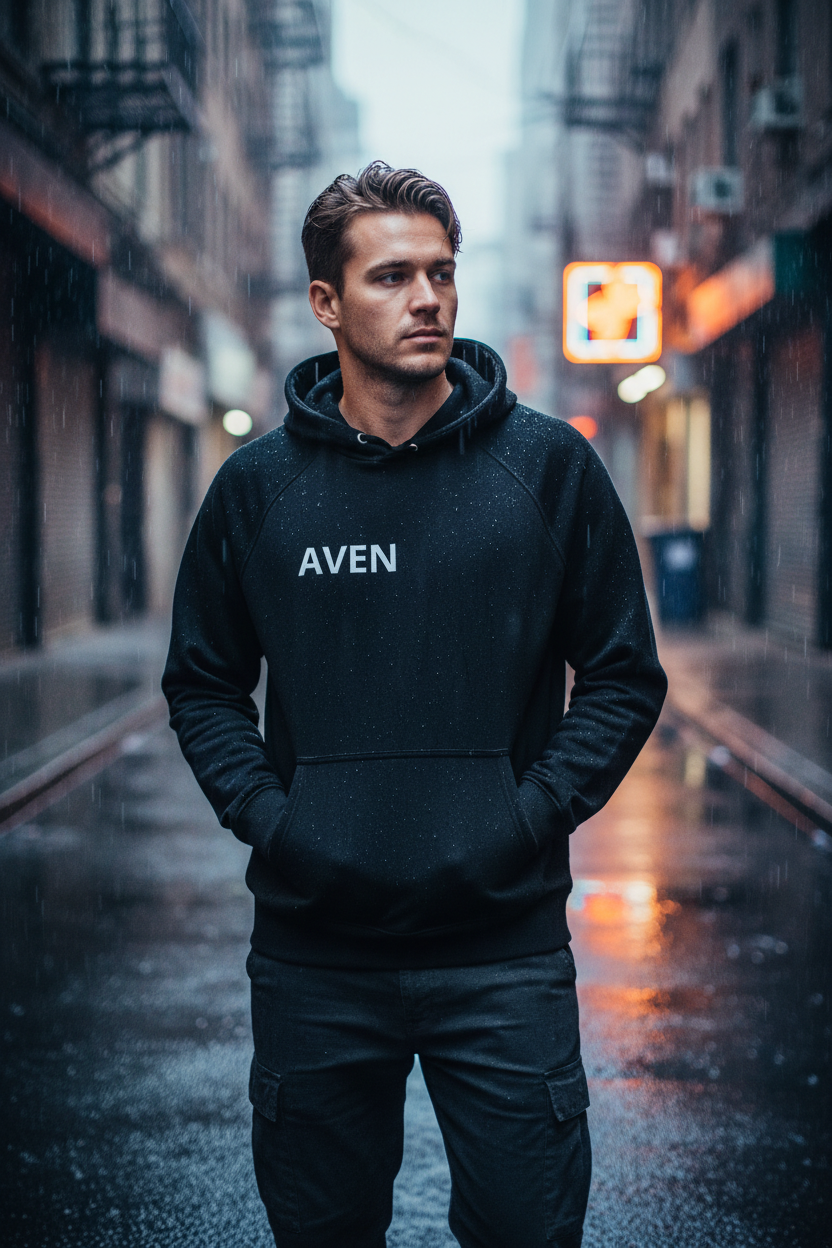 Model wearing Aven Rains Rain Is Silent Hoodie in Black on a rainy city street